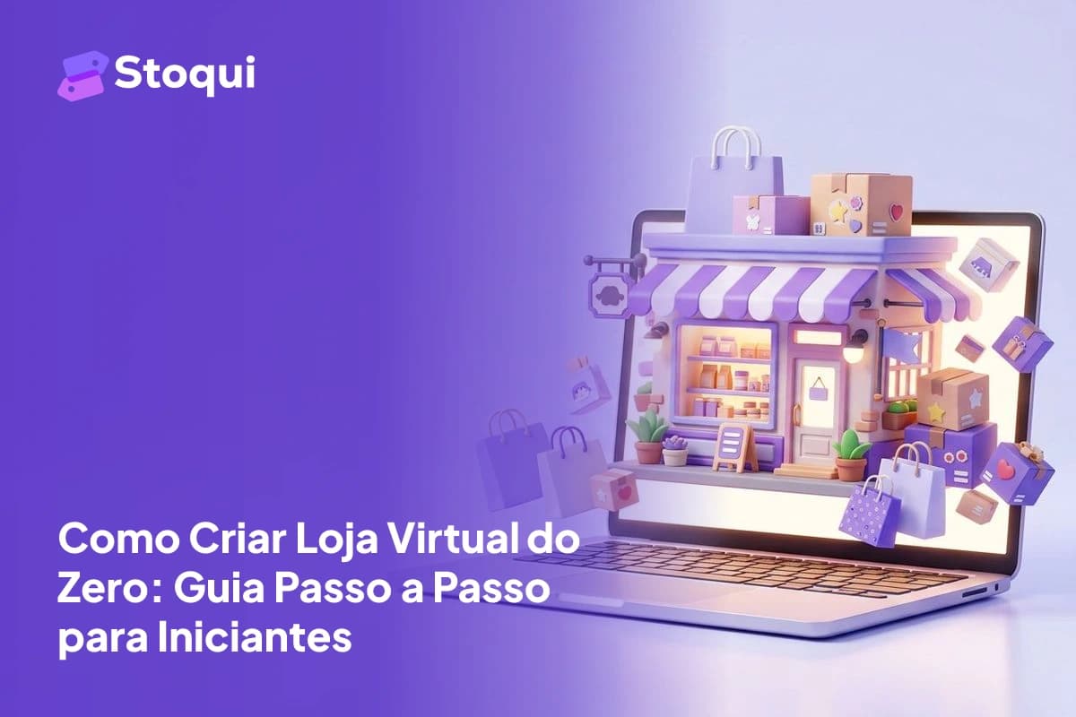 Ilustração 3D de loja virtual saindo da tela de um laptop com sacolas e caixas de produtos