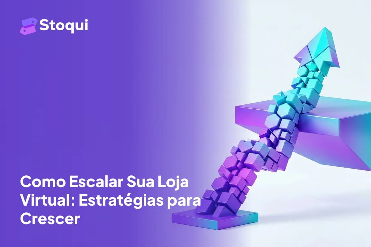 Seta 3D de crescimento feita de blocos geométricos representando escalabilidade de loja virtual