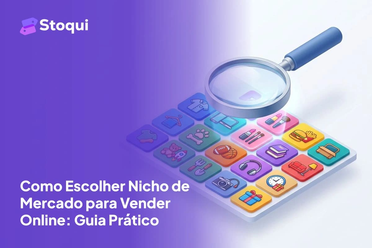 Ilustração 3D de lupa sobre ícones de categorias de produtos representando escolha de nicho de mercado