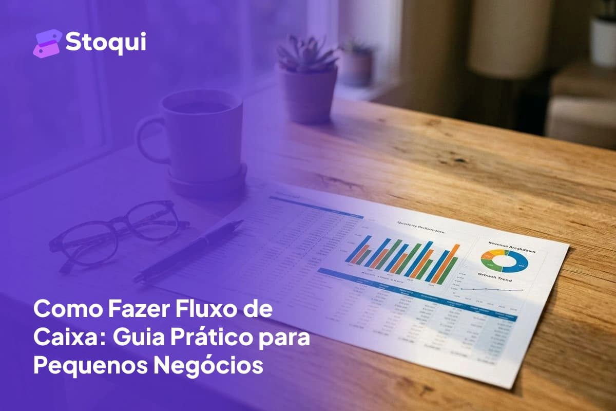 Planilha financeira com gráficos de barras ao lado de caneta e café representando fluxo de caixa