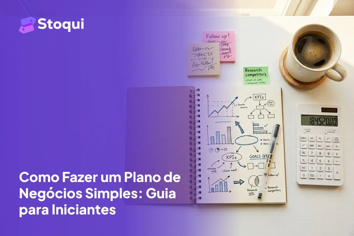 Mesa de trabalho com caderno de plano de negócios, calculadora e anotações para empreendedores iniciantes