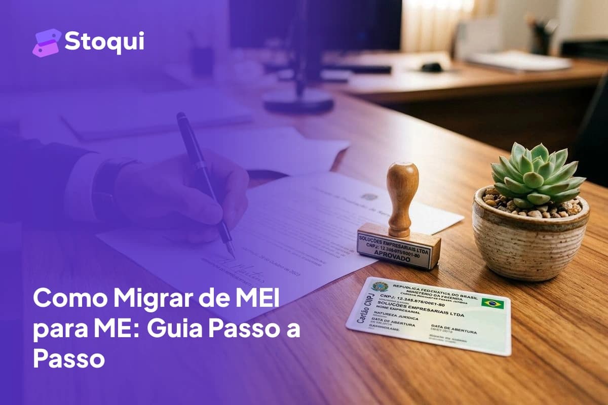 Documentos empresariais brasileiros e CNPJ sobre mesa de escritório para migração de MEI para ME
