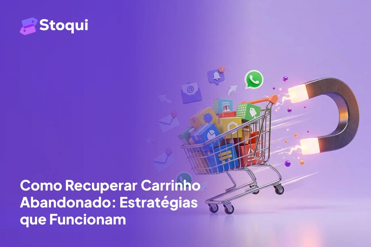 Ilustração 3D de carrinho de compras com ímã e ícones de email e WhatsApp para recuperação