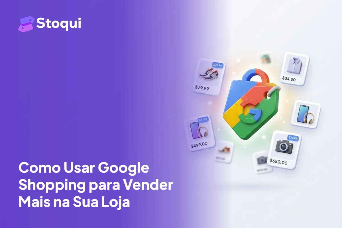 Logo 3D do Google Shopping com cards de produtos flutuantes mostrando preços e imagens