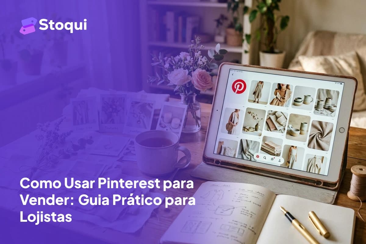 Tablet com grid de pins do Pinterest e elementos de mood board para estratégia de vendas