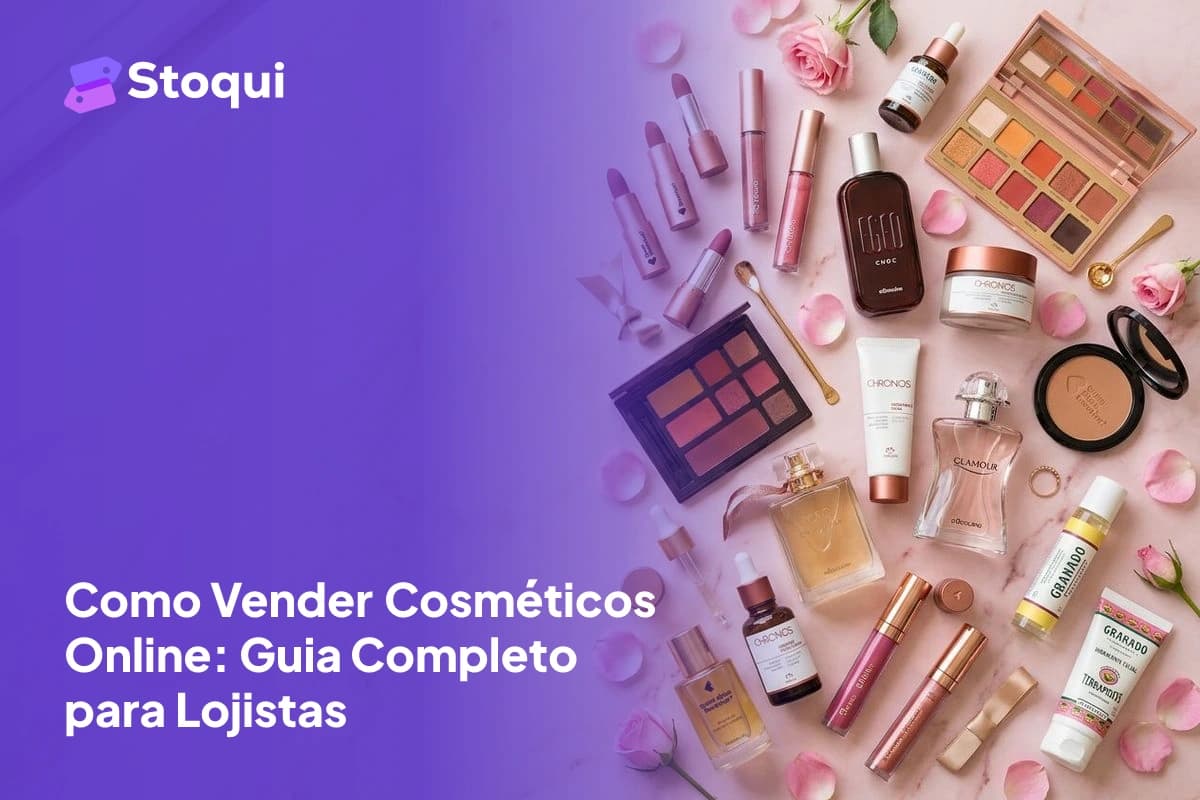 Flat lay de cosméticos brasileiros com batons, paletas, perfumes e cremes em superfície rosa