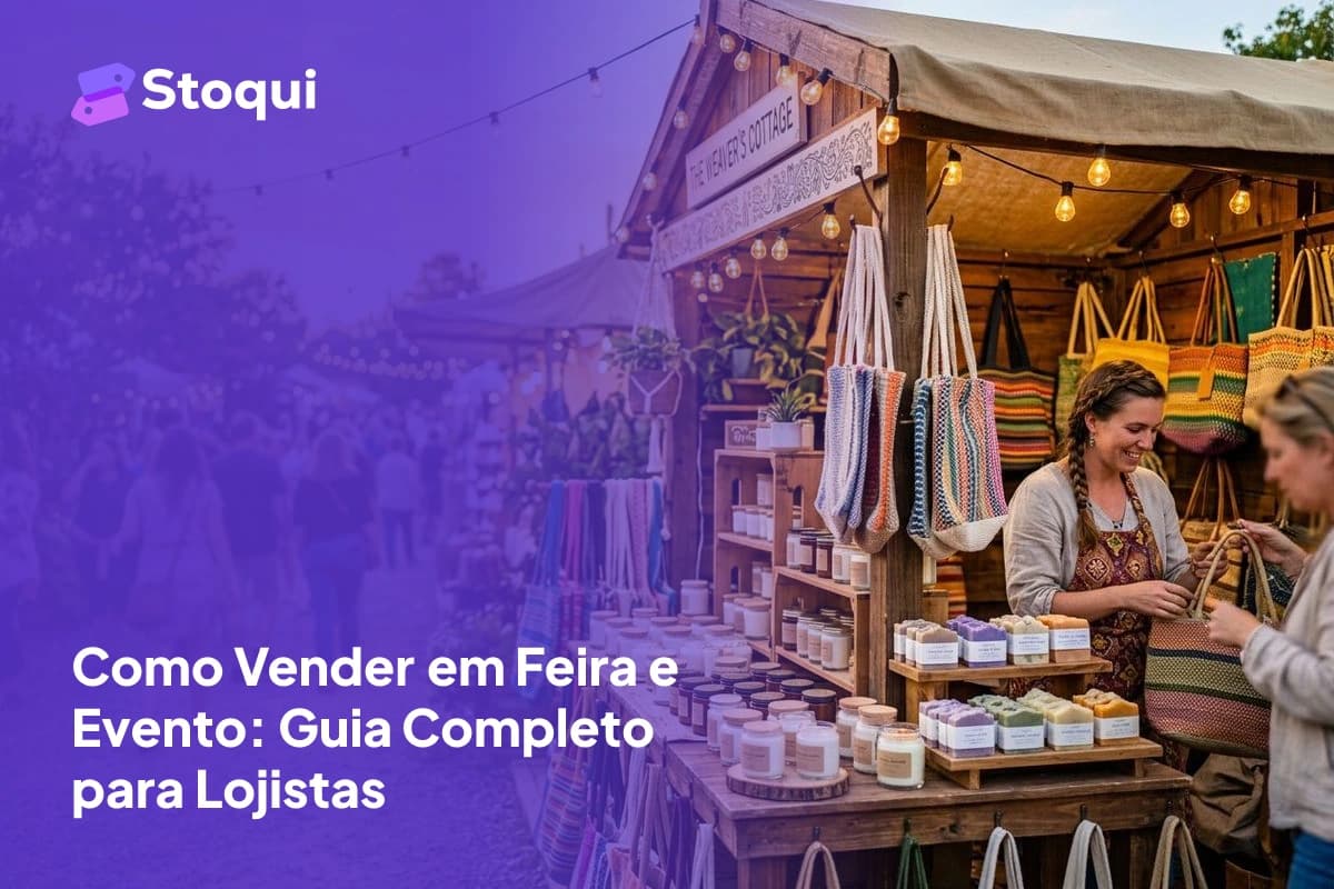Barraca de feira artesanal com produtos expostos e iluminação de varal ao ar livre