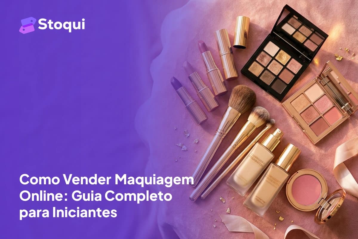 Produtos de maquiagem como batons, paletas e pincéis para venda em loja virtual de cosméticos