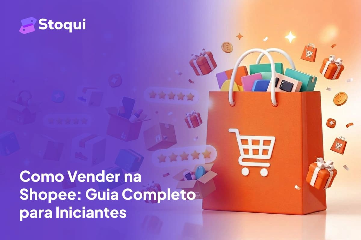 Ilustração 3D com sacola de compras da Shopee e produtos para vender no marketplace