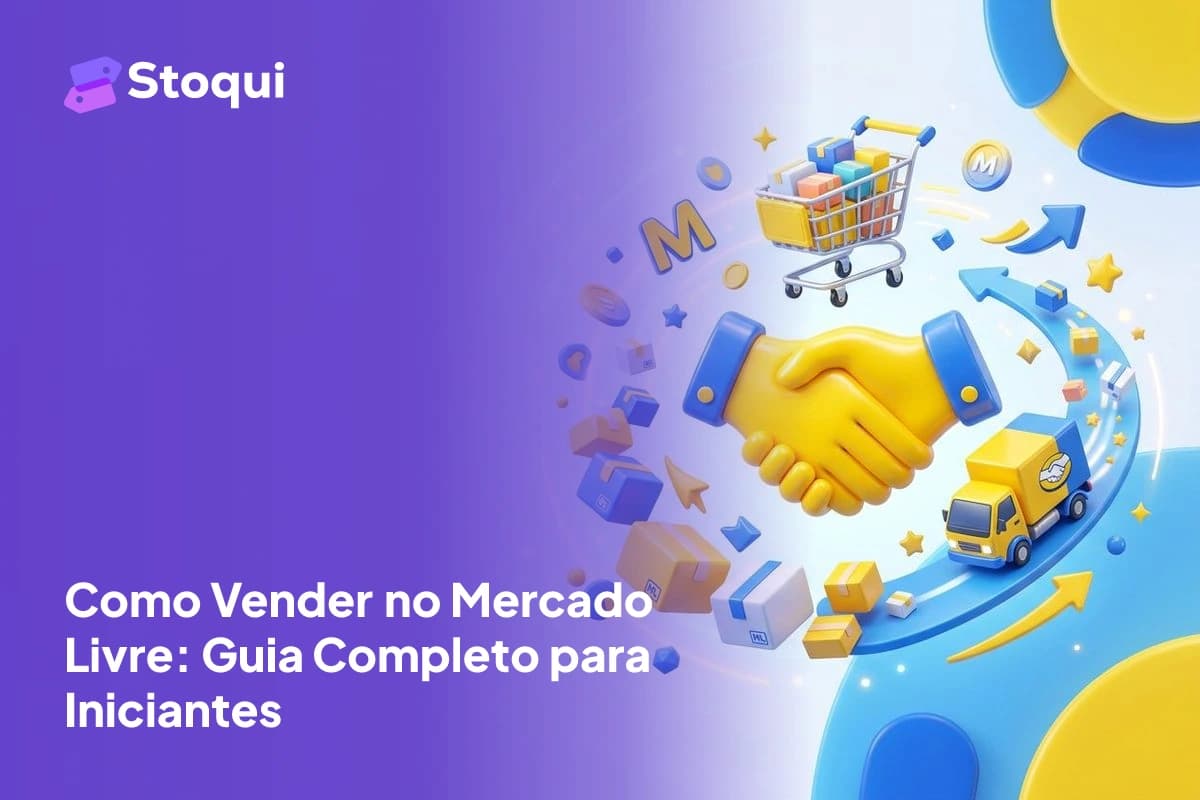 Ilustração 3D do Mercado Livre com pacotes e carrinho de compras em amarelo e azul