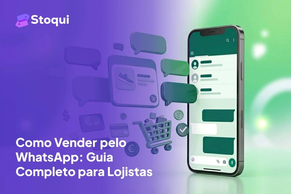 Smartphone com interface do WhatsApp Business e ícones de catálogo de produtos e vendas
