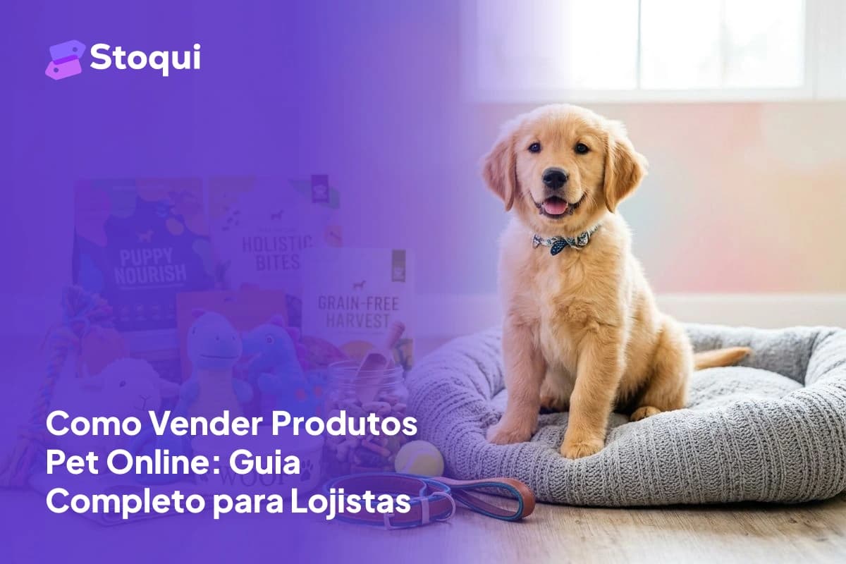Cachorro golden retriever cercado por produtos pet como brinquedos, ração e acessórios