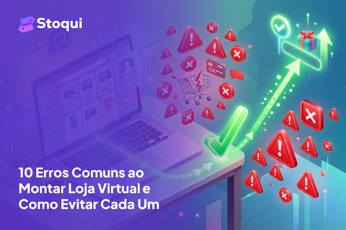Ilustração 3D de laptop com loja virtual mostrando alertas de erros e caminho correto para o sucesso