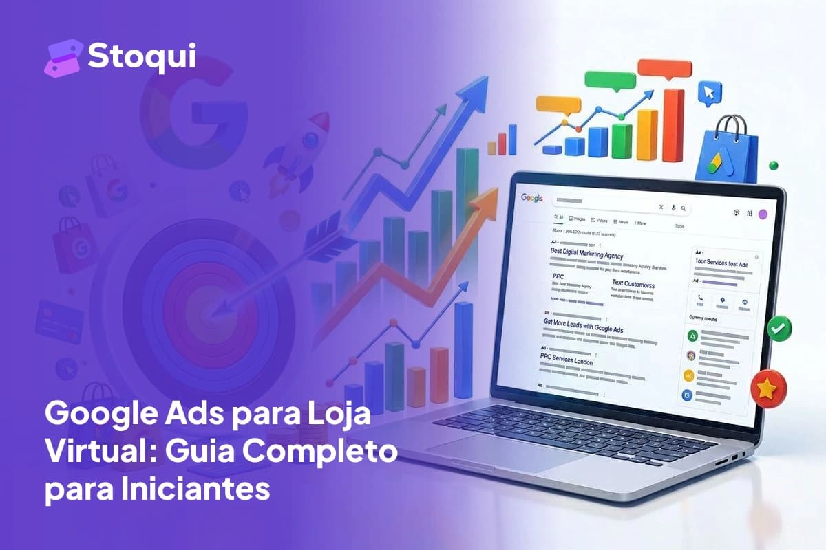 Ilustração 3D do Google Ads com laptop, alvo de marketing e sacolas de compras