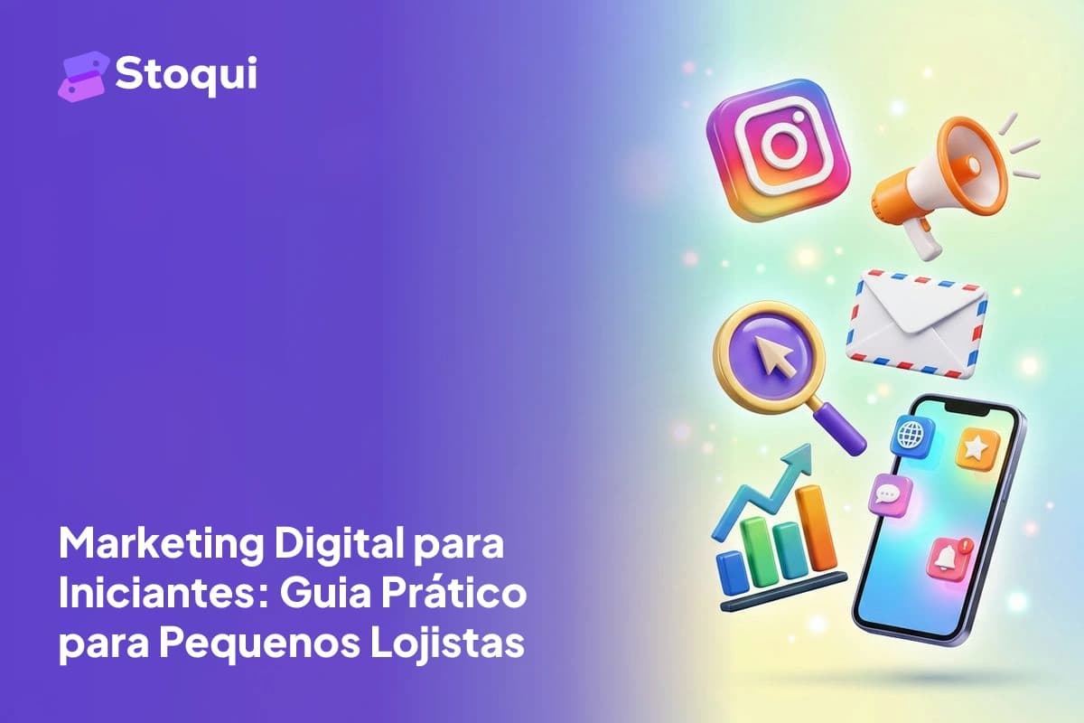Ícones 3D de marketing digital flutuantes: Instagram, megafone, e-mail, lupa e smartphone