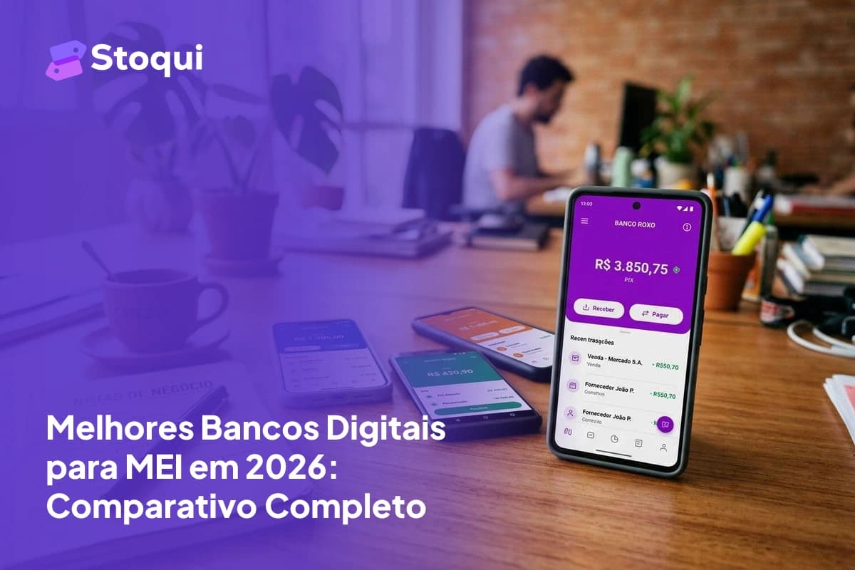 Smartphone com aplicativo de banco digital estilo Nubank e outros apps bancários ao redor
