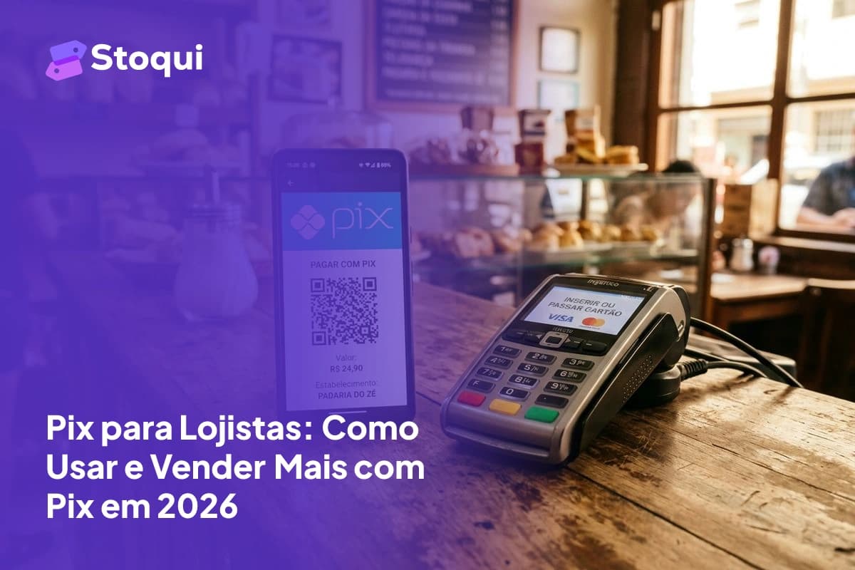 Smartphone exibindo QR code de pagamento Pix ao lado de maquininha em balcão de loja