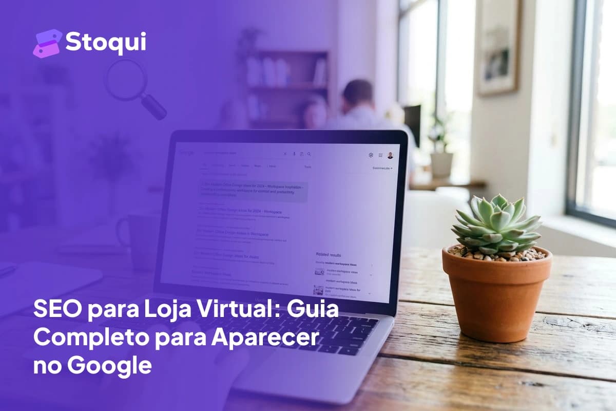 Tela de laptop mostrando resultados de busca do Google com primeira posição destacada para SEO de loja virtual