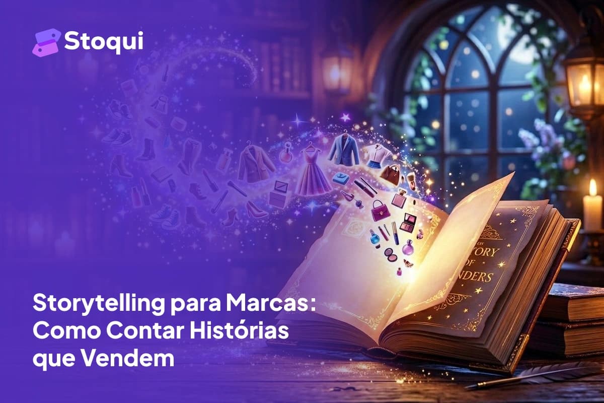 Livro aberto com produtos de e-commerce flutuando magicamente das páginas representando storytelling para marcas