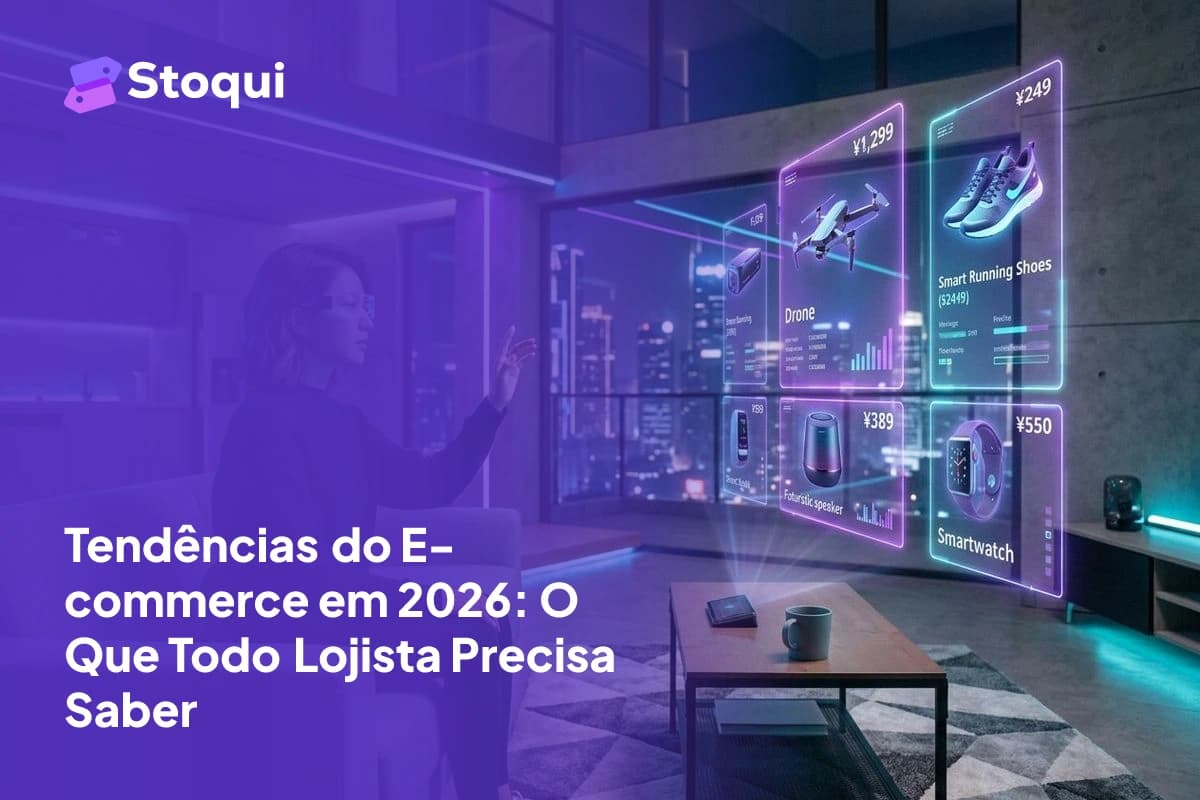 Pessoa usando óculos de realidade aumentada para navegar produtos holográficos em ambiente futurista