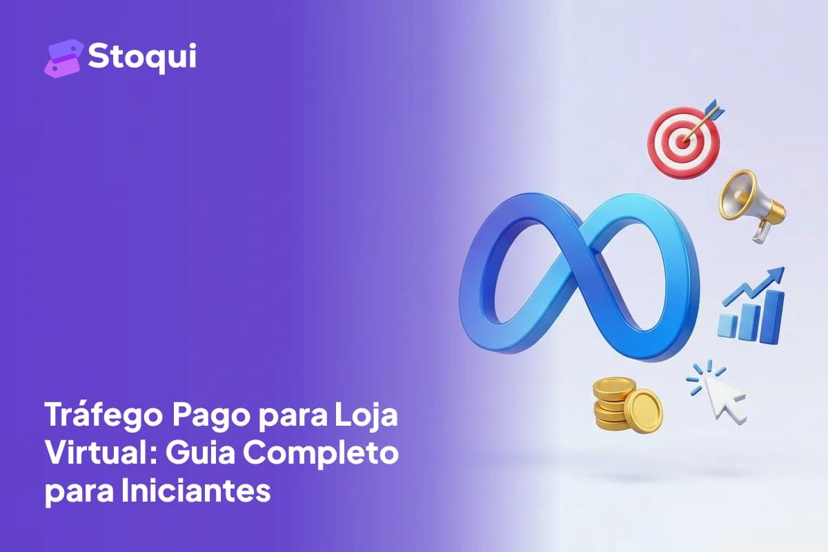 Logo 3D da Meta com ícones de alvo, megafone, gráfico e moedas representando tráfego pago