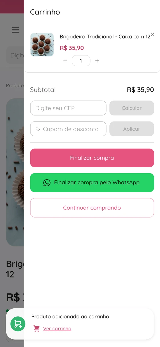 Carrinho do catálogo com os botões Finalizar compra e Finalizar compra pelo WhatsApp