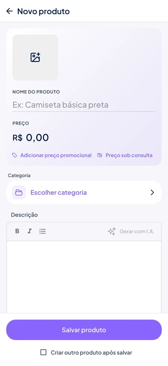 Tela de novo produto no aplicativo de vendas do Stoqui com o botão Gerar com I.A. na descrição