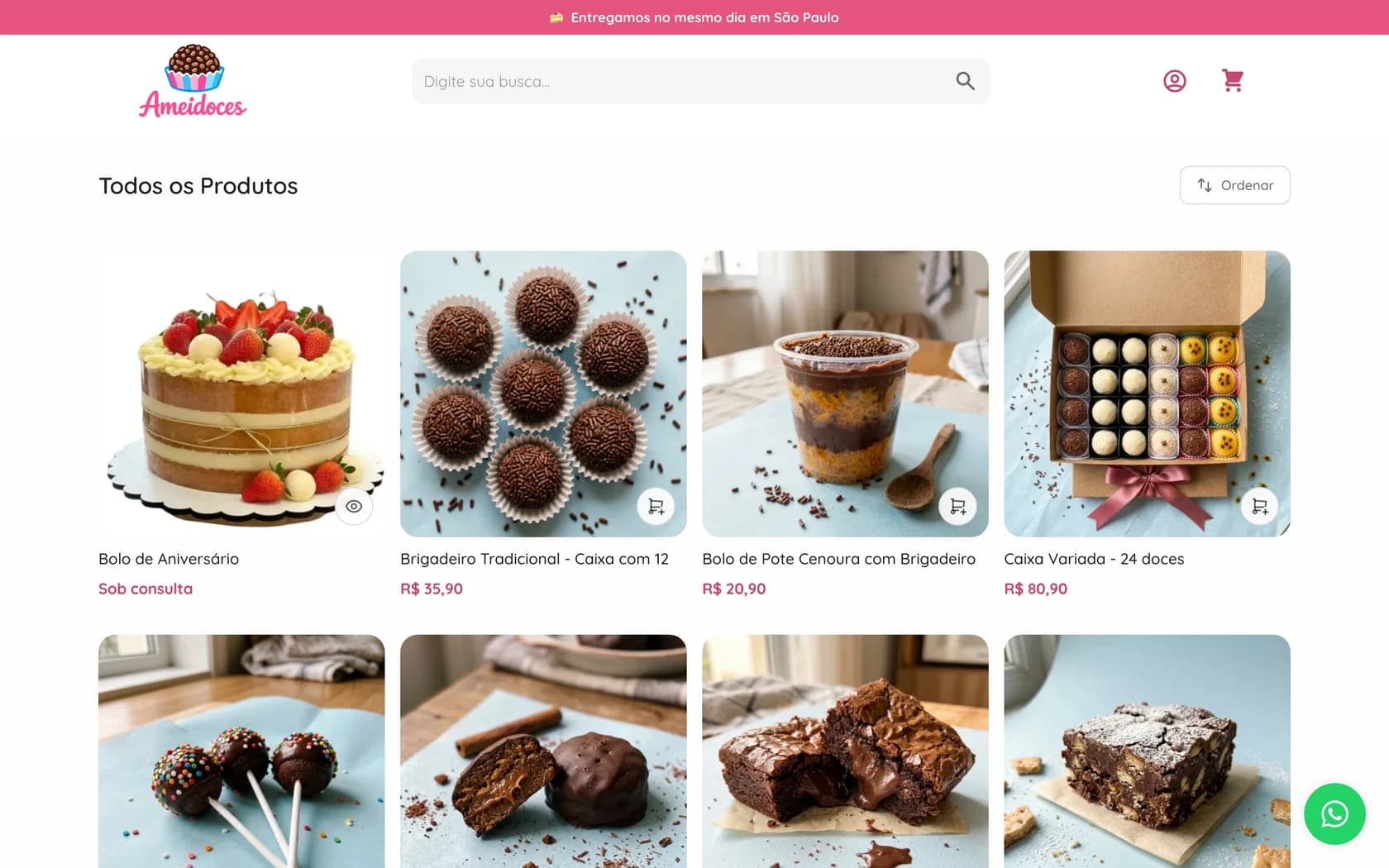 Aplicativo de vendas do Stoqui aberto no computador, mostrando a loja online com fotos e preços dos produtos