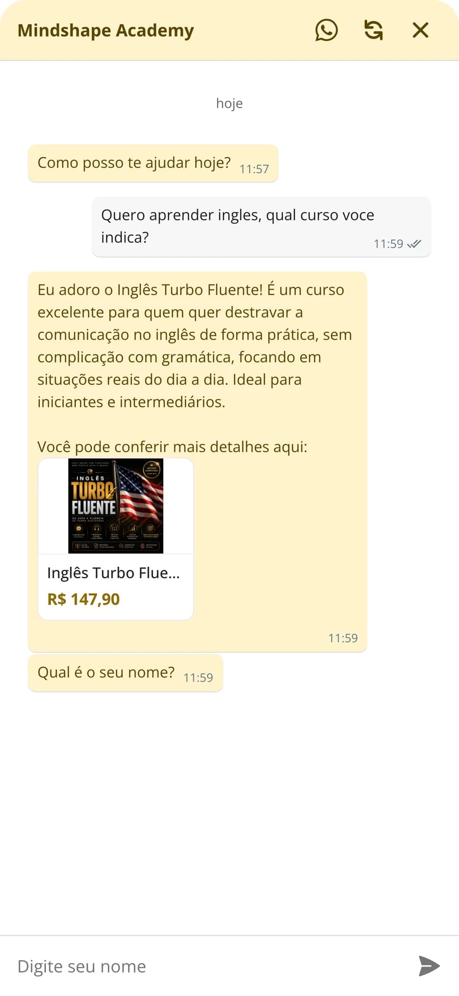 Atendente virtual com IA recomendando o curso Inglês Turbo Fluente em uma loja Stoqui, com card de produto e preço