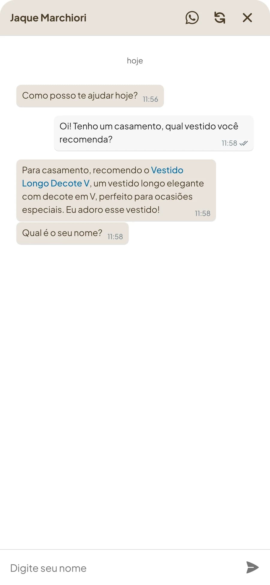Chat com IA na loja Jaque Marchiori recomendando um vestido para casamento ao cliente