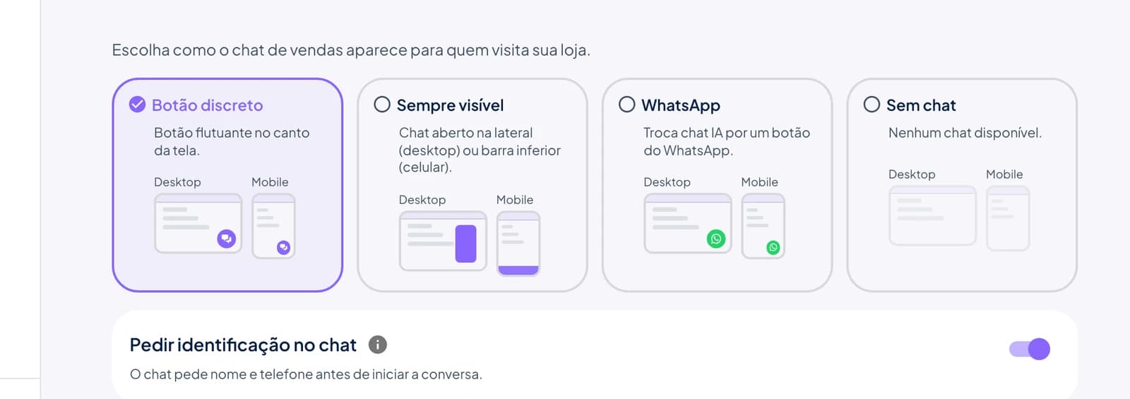 Tela de configuração do chat no app do Stoqui com os modos Botão discreto, Sempre visível, WhatsApp e Sem chat, e a opção Pedir identificação no chat