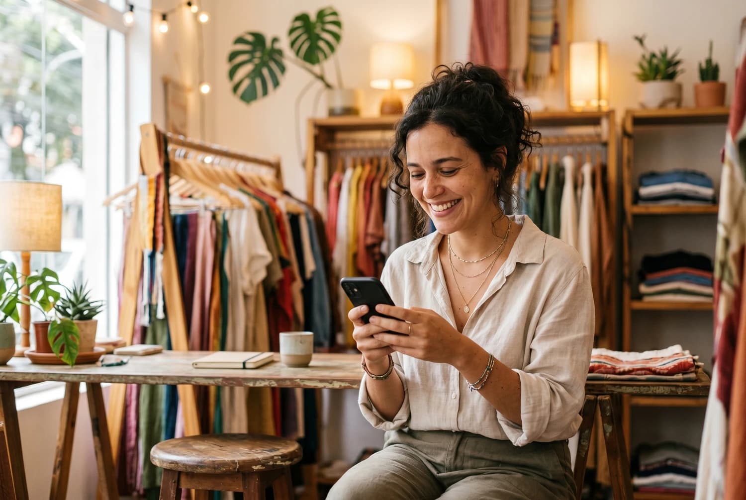 Lojista brasileira sorrindo ao usar o celular em sua loja, tranquila porque o atendente virtual responde os clientes por ela