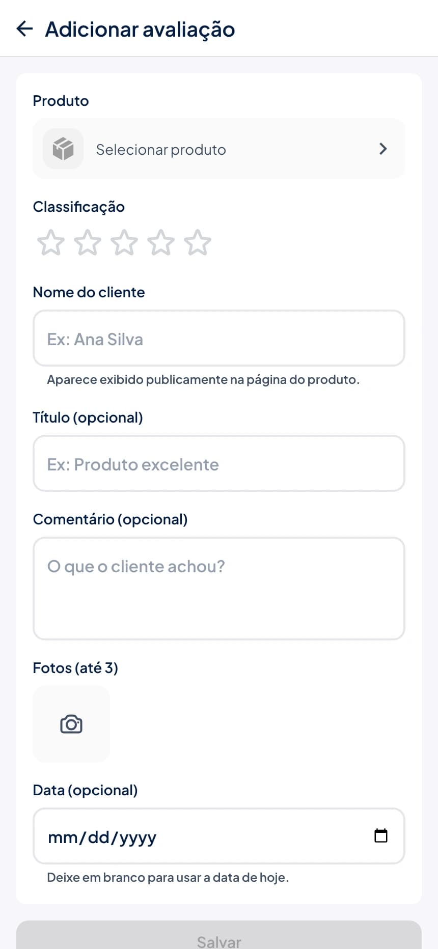 Formulário Adicionar avaliação no Stoqui com produto, classificação em estrelas, nome do cliente e comentário