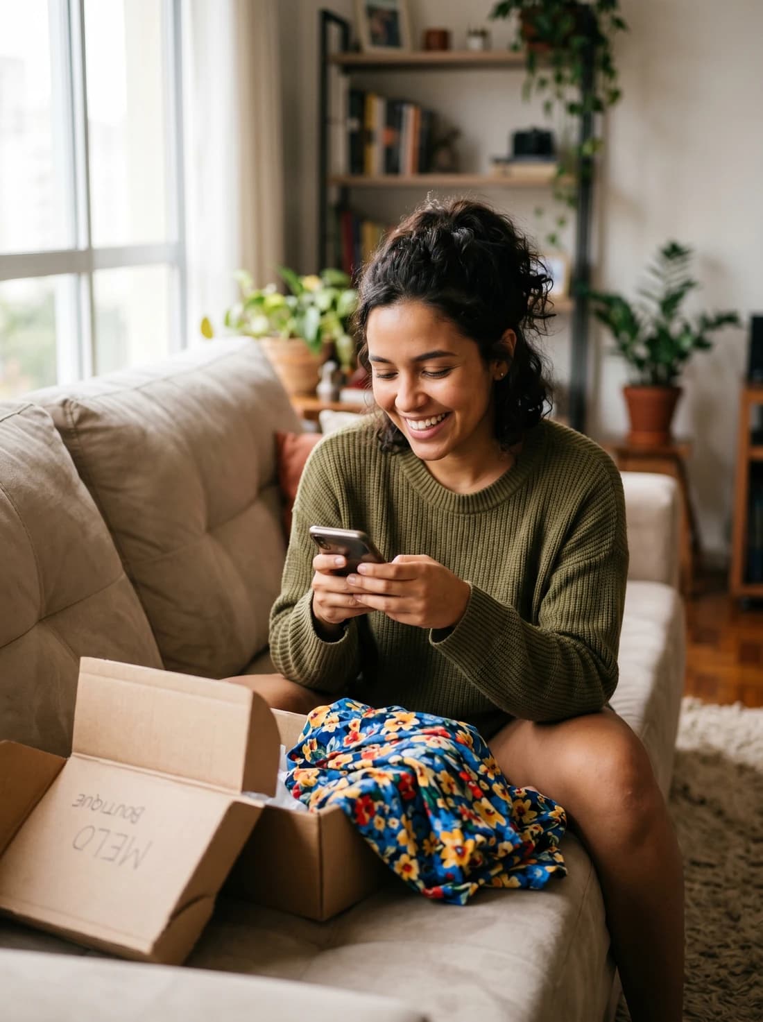Cliente recebendo um vestido floral em casa e avaliando a compra pelo celular