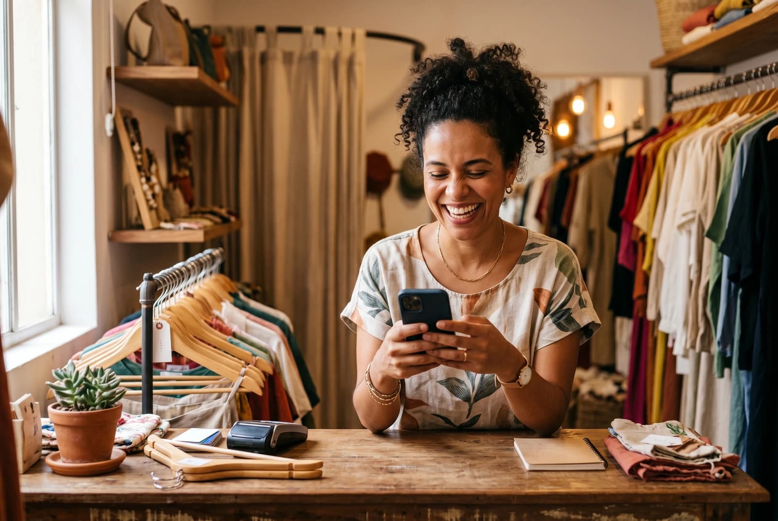 Lojista de uma loja de roupas sorrindo ao ler mensagens e avaliações de clientes pelo celular