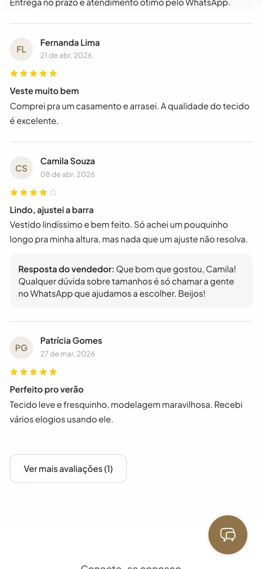 Avaliações dos clientes com comentários e a resposta pública do vendedor abaixo de um comentário