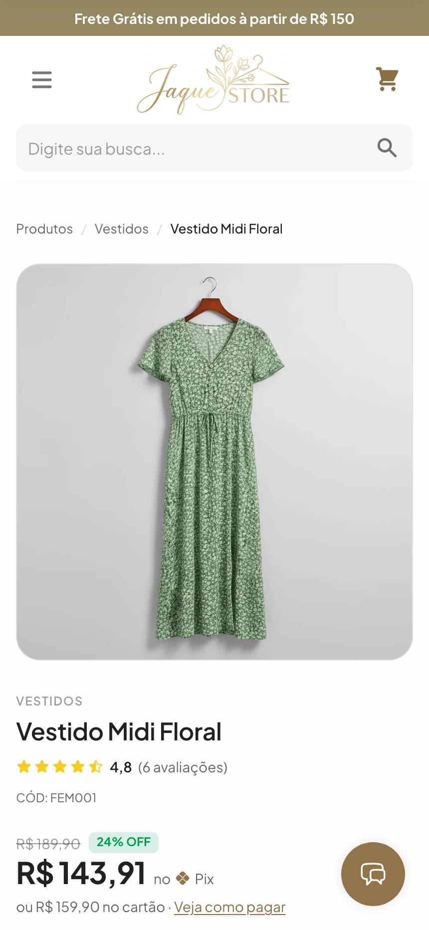 Página do Vestido Midi Floral na loja Jaque Store com nota 4,8 e 6 avaliações abaixo do nome