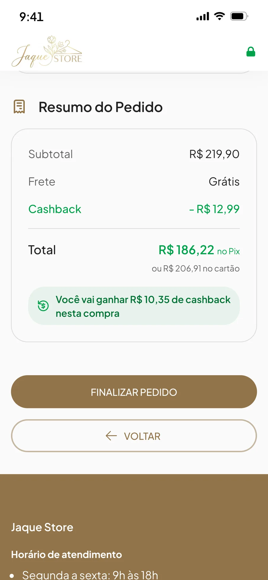 Resumo do pedido na loja online com a linha Cashback e o aviso Você vai ganhar de cashback nesta compra