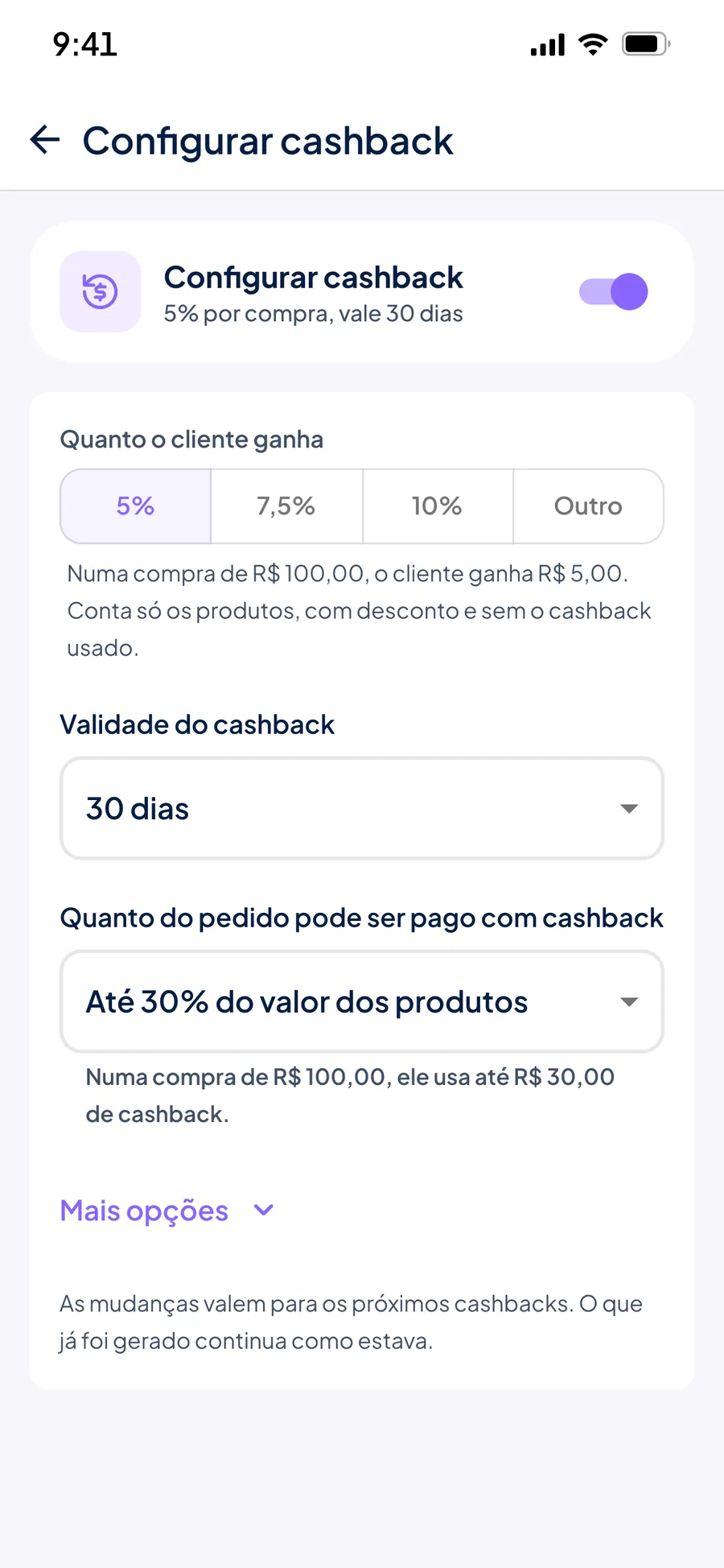 Tela Configurar cashback do Stoqui com Quanto o cliente ganha em 5%, validade de 30 dias e até 30% do valor dos produtos pago com cashback
