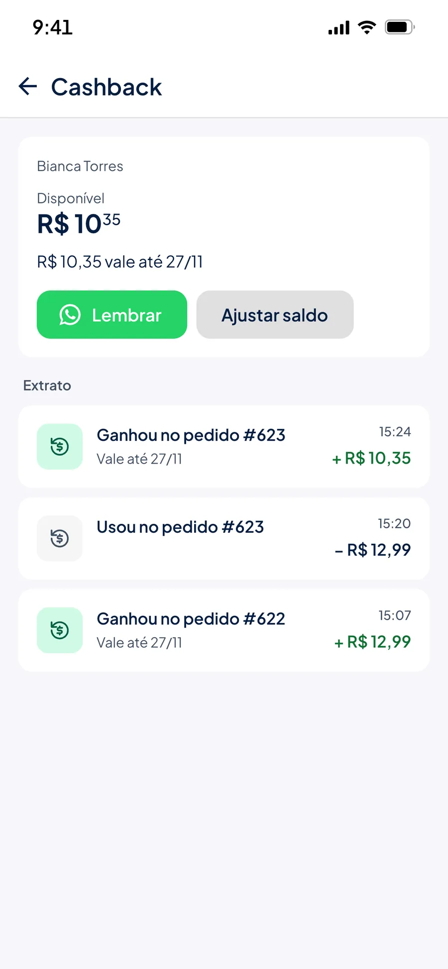 Extrato de cashback de uma cliente com o saldo disponível, a validade, os botões Lembrar e Ajustar saldo e o cashback ganho e usado em cada pedido