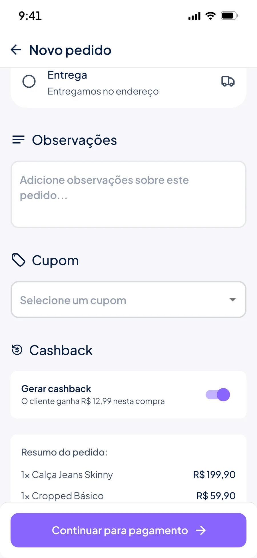 Novo pedido no Stoqui com a seção Cashback e a opção Gerar cashback ligada, mostrando quanto o cliente ganha nesta compra