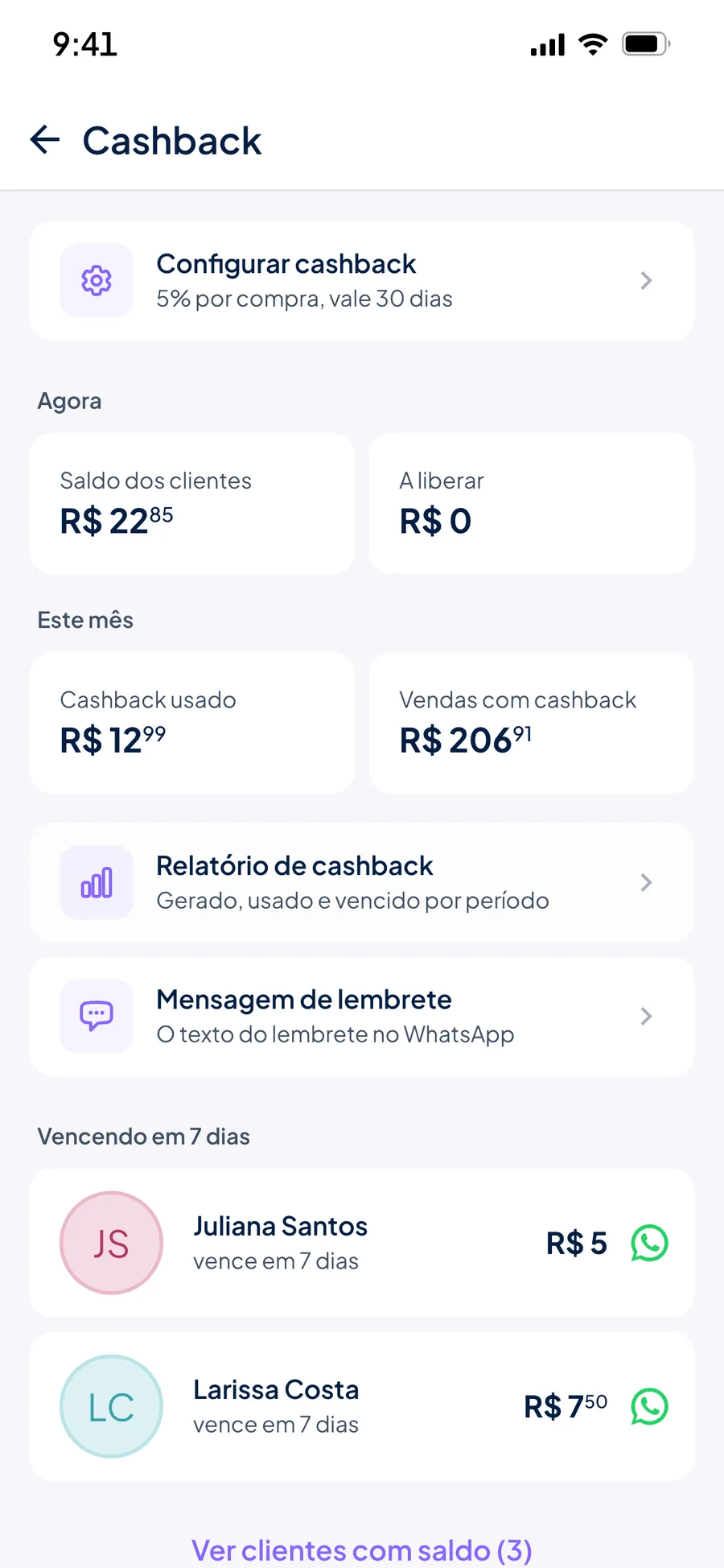 Painel do cashback no Stoqui com saldo dos clientes, cashback usado no mês, vendas com cashback e a lista Vencendo em 7 dias com o botão do WhatsApp