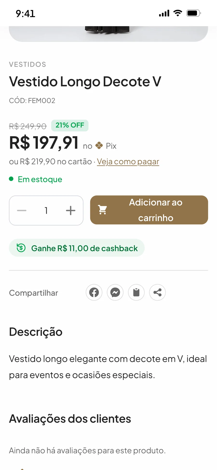 Página de um vestido na loja online com o selo Ganhe R$ 11,00 de cashback abaixo do botão Adicionar ao carrinho