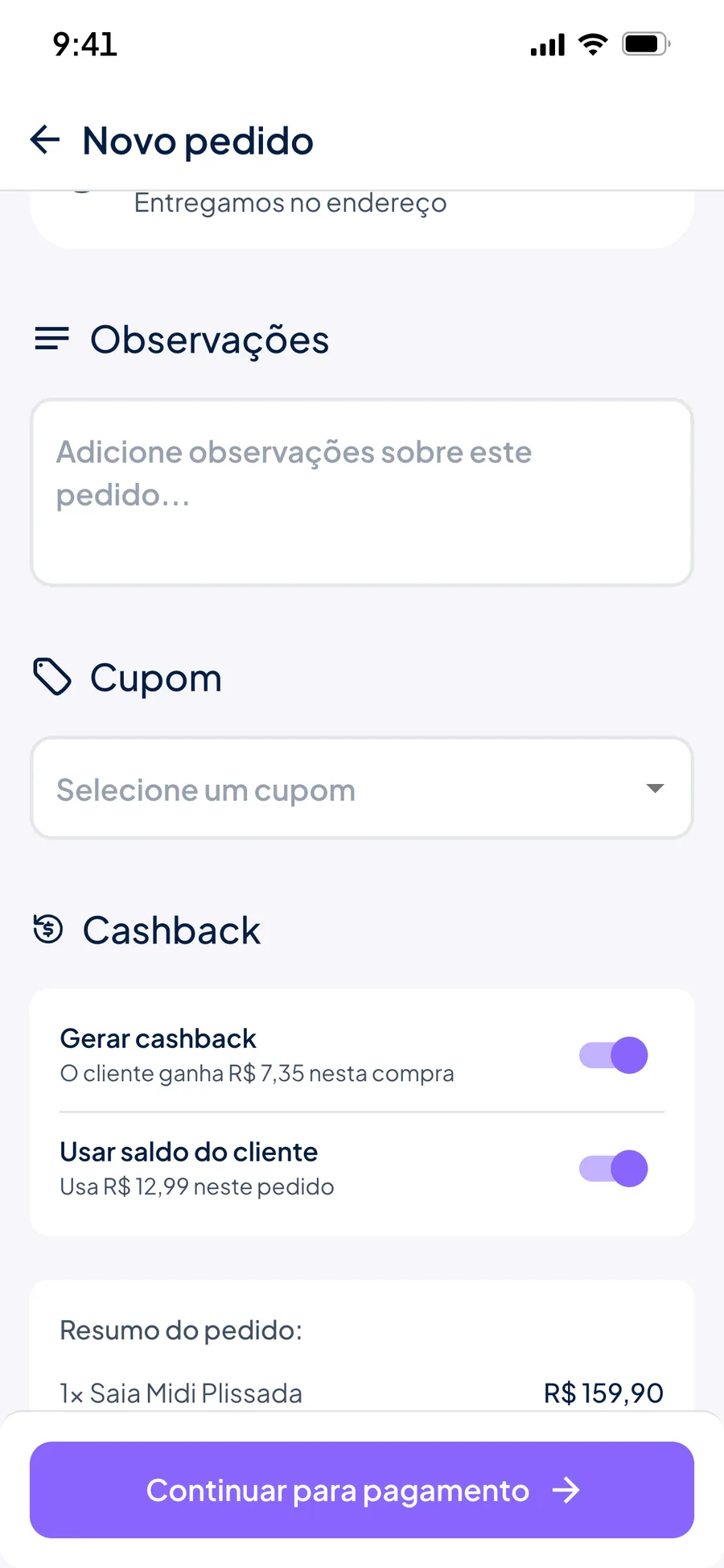 Novo pedido no Stoqui com Gerar cashback e Usar saldo do cliente ligados