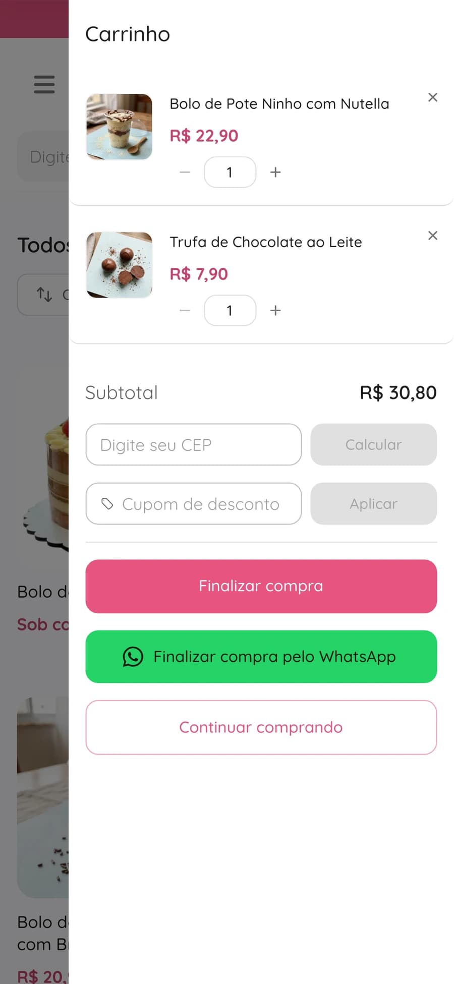 Carrinho da loja AmeiDoces com o botão Finalizar compra pelo WhatsApp