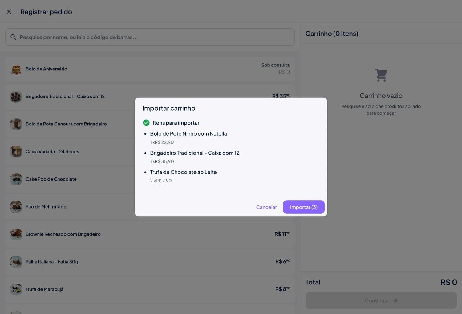 App do Stoqui importando o pedido do WhatsApp com os 3 itens já preenchidos e o botão Importar