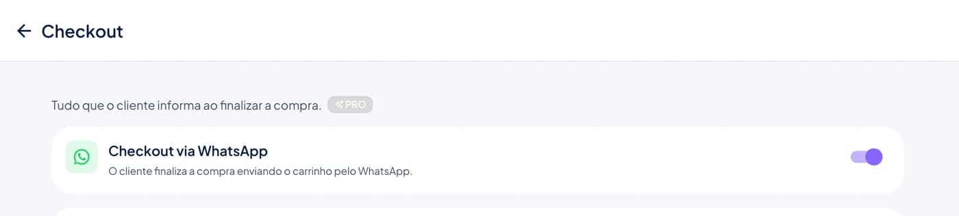 Configuração da loja no app do Stoqui com a opção Checkout via WhatsApp ativada