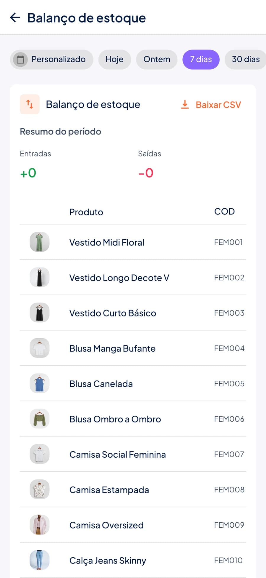 Relatório Balanço de estoque no Stoqui com entradas, saídas e produtos por período, com botão Baixar CSV