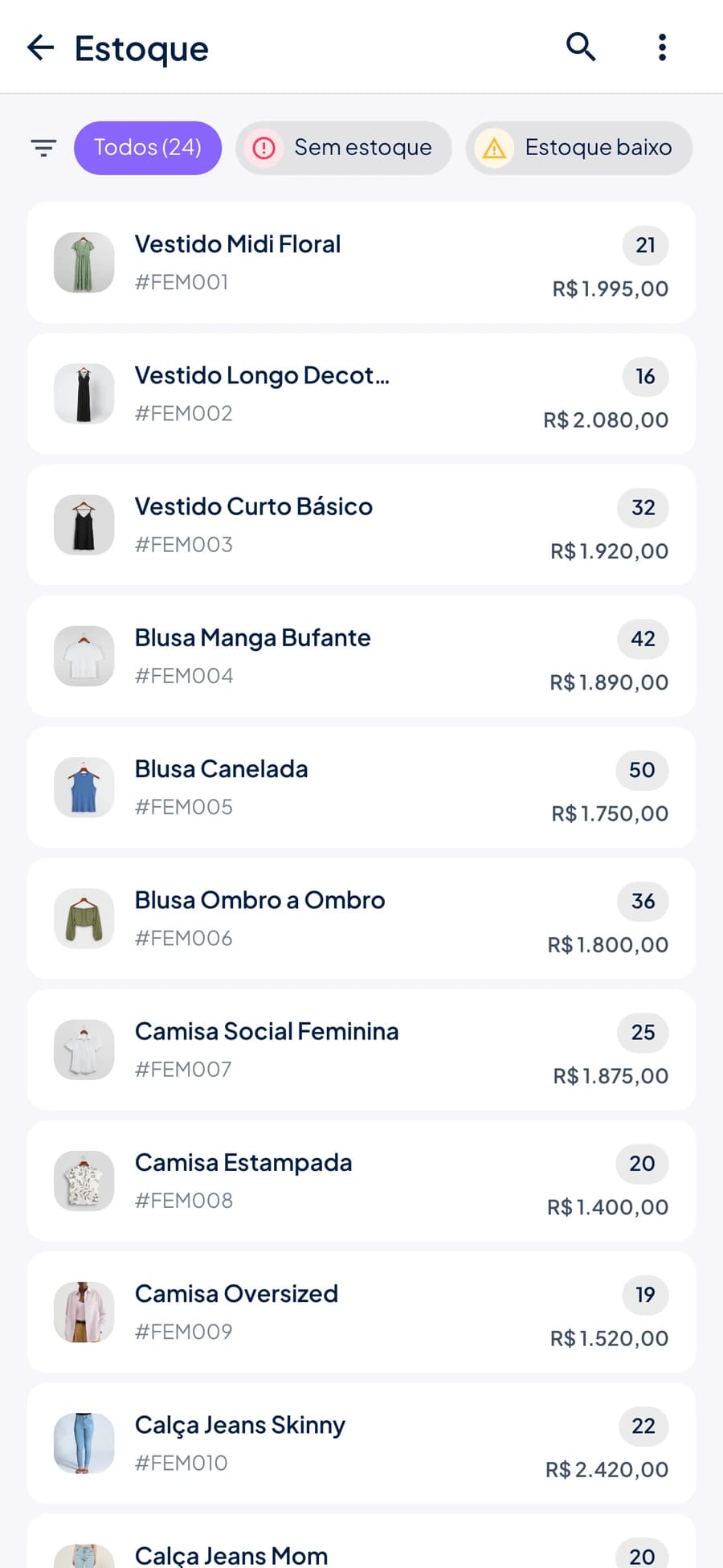 Tela Estoque do Stoqui com filtros Todos, Sem estoque e Estoque baixo, mostrando produtos com quantidade e valor