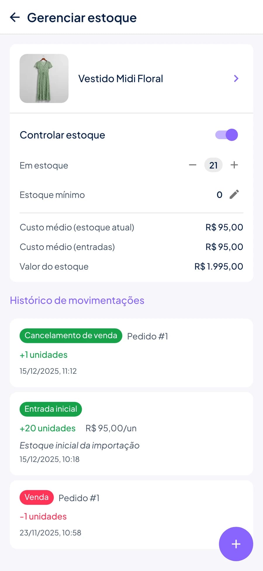Tela Gerenciar estoque do Stoqui mostrando a quantidade em estoque e o histórico de movimentações com Venda e Cancelamento de venda